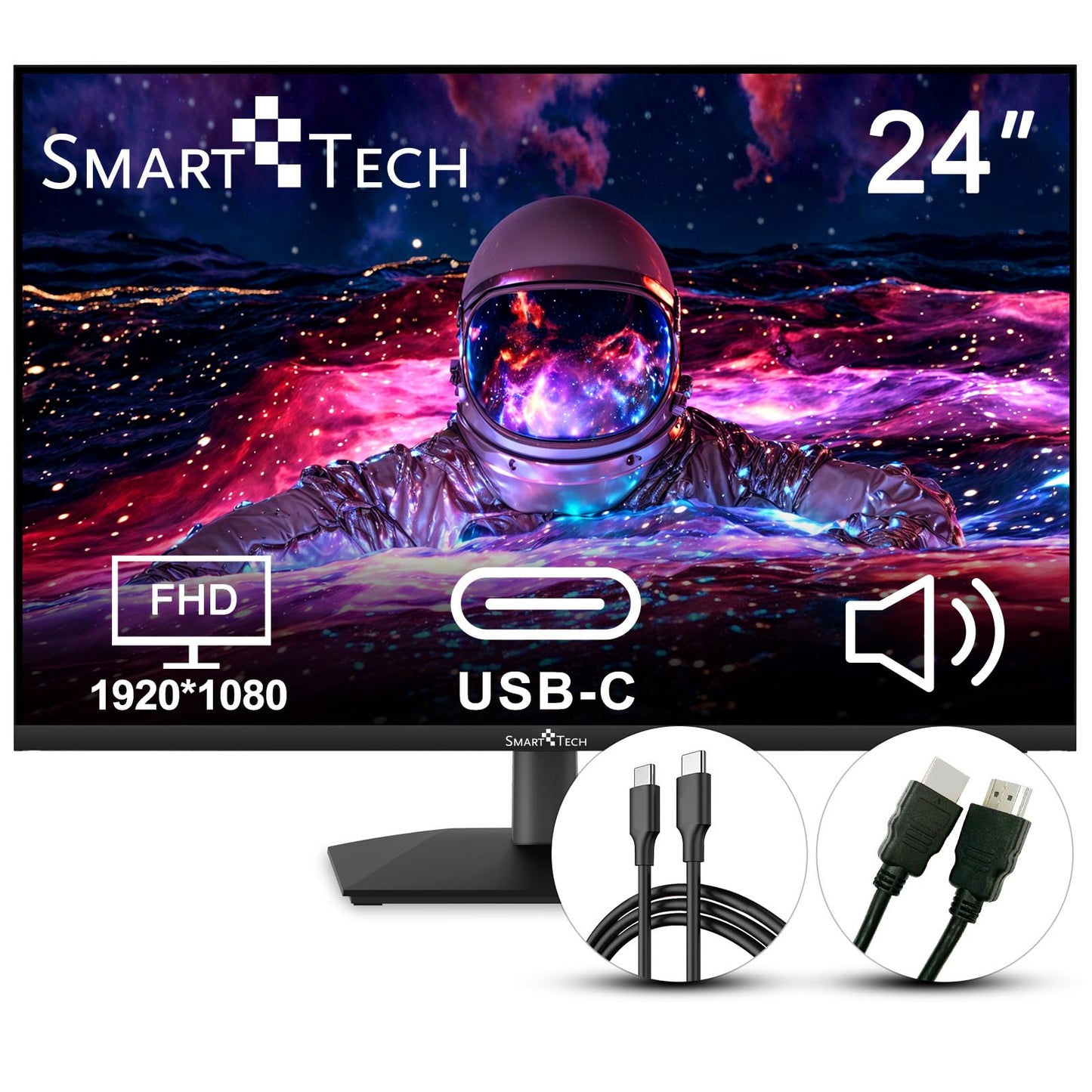Smart Tech Monitor 24 inch, Business PC screen with speakers, IPS panel, FHD monitor 1080p, Adaptive-Sync, 4ms, Eye Comfort, VESA 75x75, USB-C HDMI1.4 VGA.