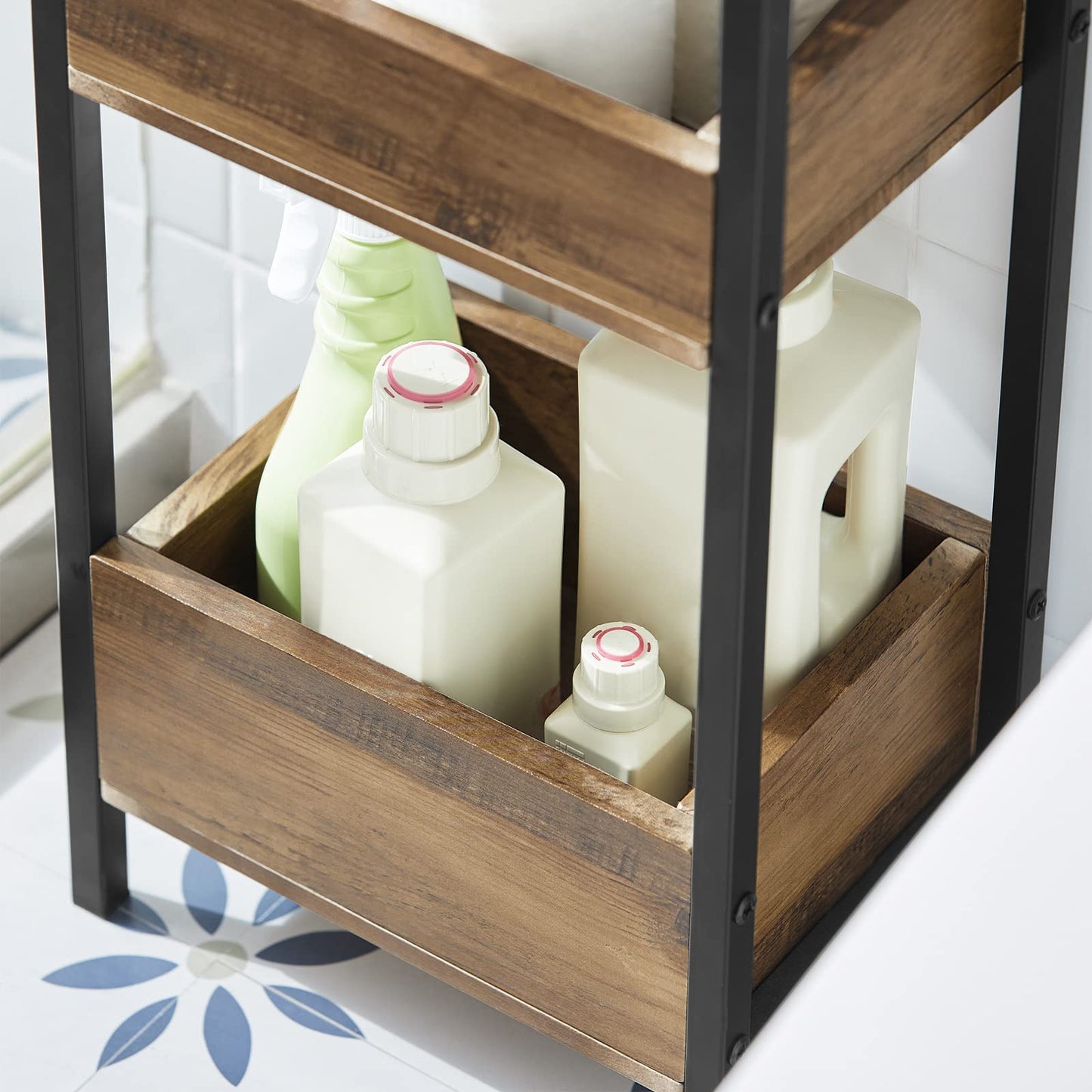 SoBuy bathroom cabinet with 3 sturdy shelves, narrow MDF bathroom cabinet, bathroom furniture commode up to 30kg capacity, freestanding wood-colored bathroom shelf for small bathrooms 28x20x74cm FRG226-F