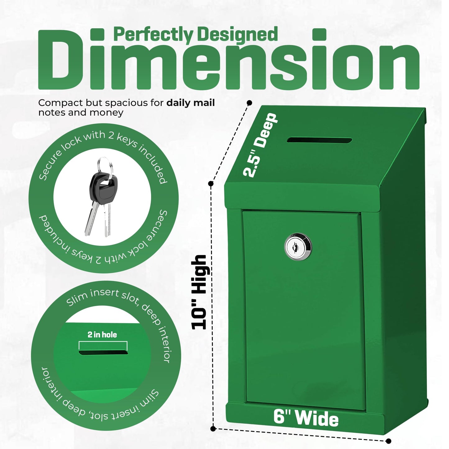 Metal donation box for wall mounting or countertop, with coin slot, lock with 2 green keys.