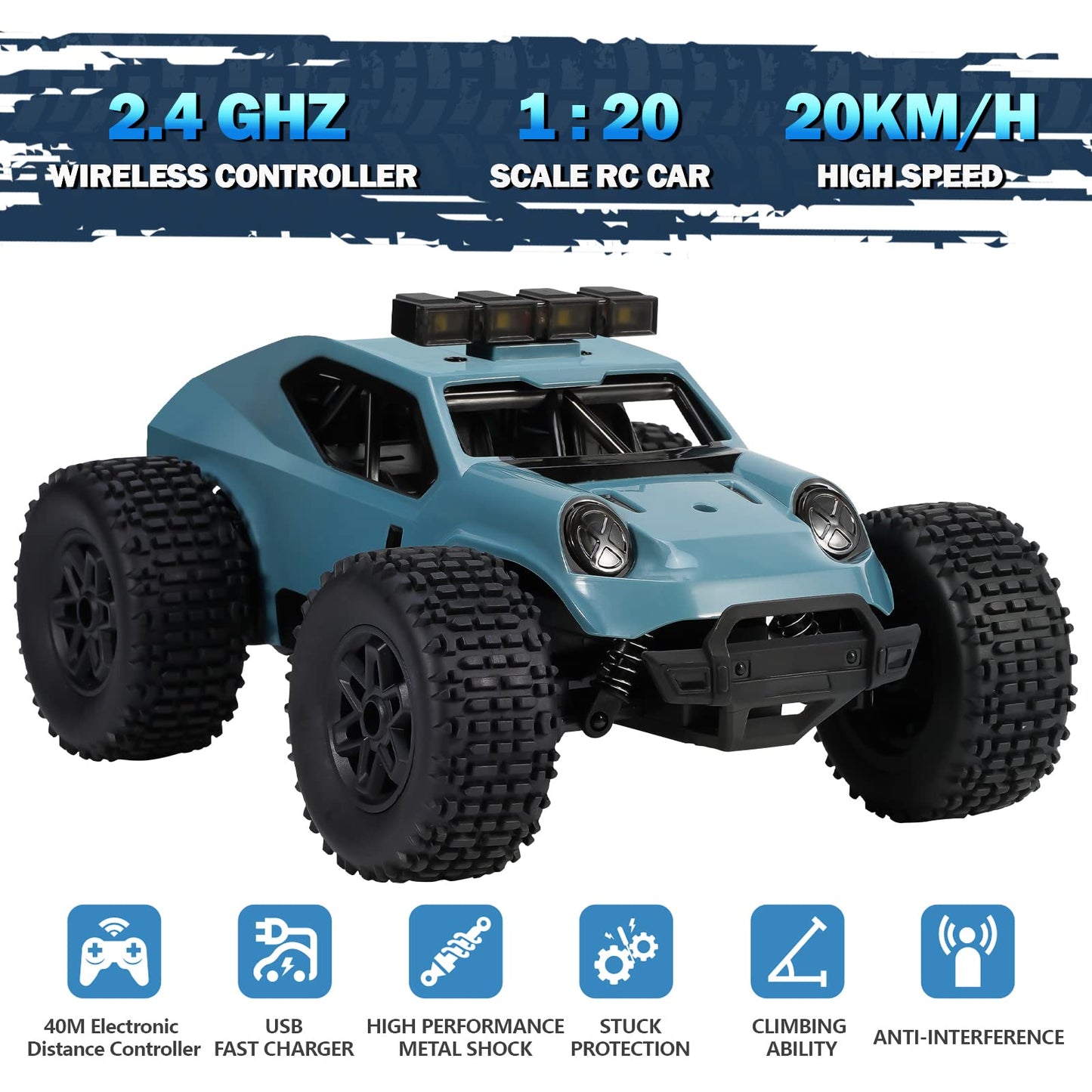 Kizeefun Remote Control Car, 2.4Ghz 1/20 RC SUV 20 km/h All Terrain, Electric Toy, Off-road with 2 BATTERIES 50min Playtime and LED Headlights, Gift for Kids