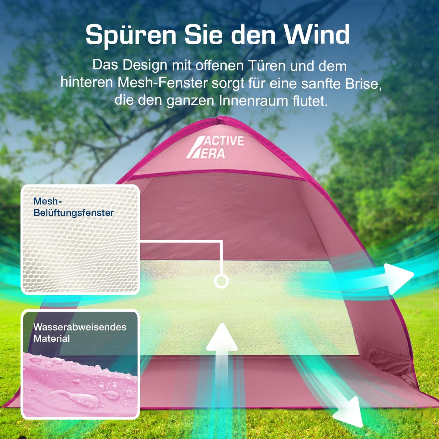 Active Era Pop Up Beach Shelter with UV Protection, UPF 50+ Beach Tent, Windbreak Shelter, Tent for 2-3 people including carrying bag and pegs - Pink