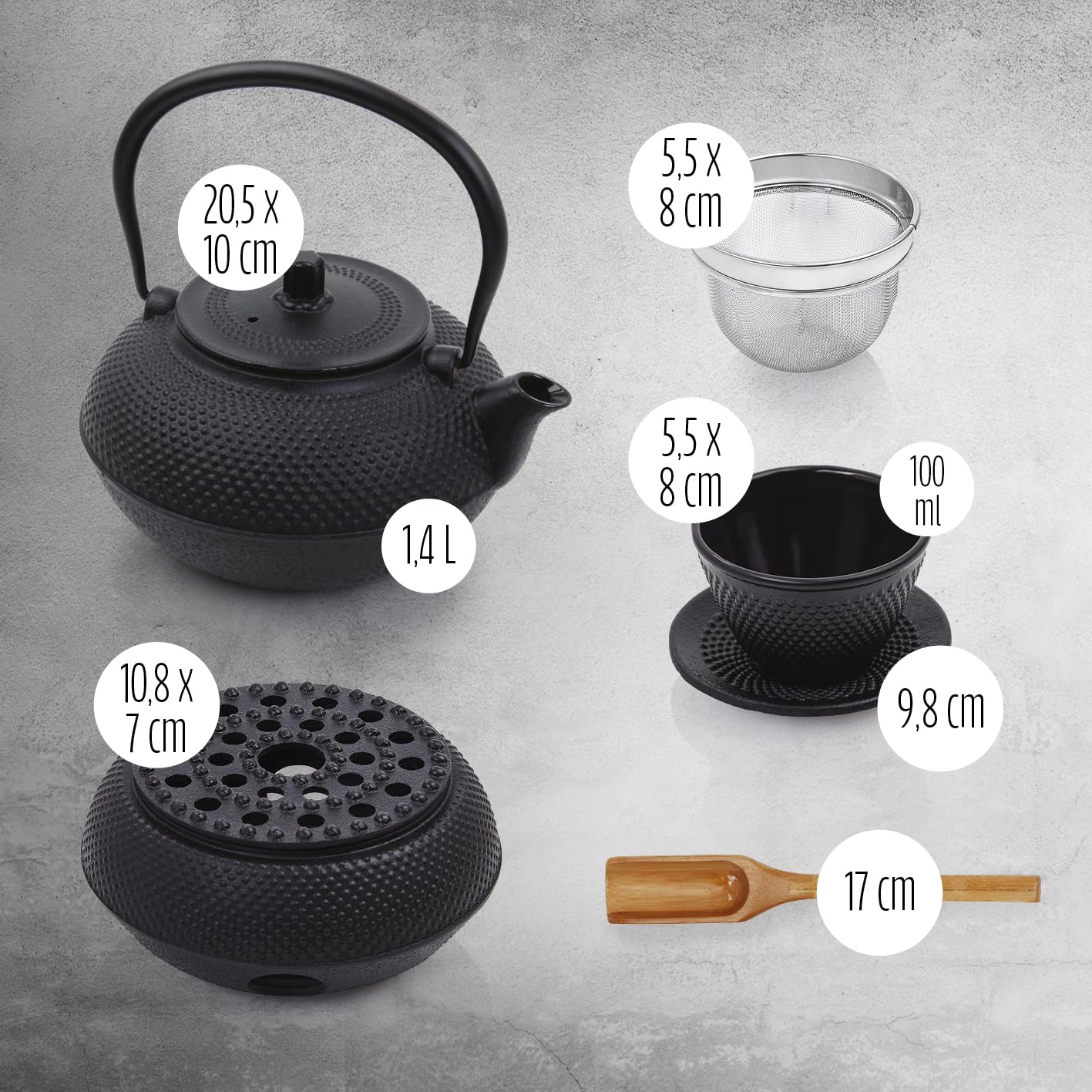 Lumaland 12-piece tea set | 1.4 liter cast iron teapot Tetsubin | cast iron warmer | 4 tea cups & 4 coasters | Japanese tea set includes bamboo measuring spoon & stainless steel sieve