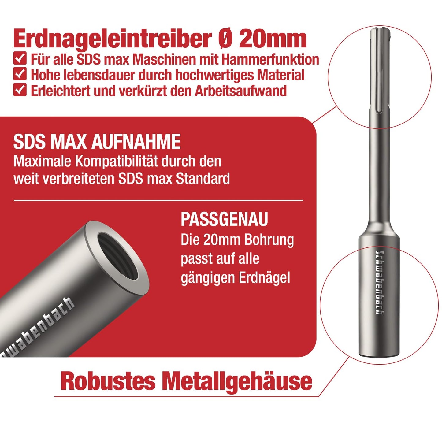 SCHWABENBACHยฎ SDS MAX Earth Spike Driver - Robust tool for inserting deep earth spikes, 250 x ร 32 mm, inner ร 20 mm | Perfect for grounding stakes and secure earth anchoring.
