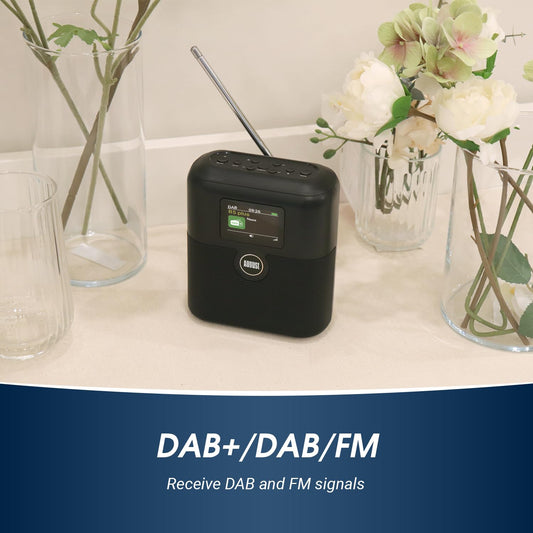 August MB330 Rechargeable DAB+/FM Radio with Bluetooth Speaker - portable clock radio with dual alarm, sleep timer, snooze, LCD color display, EQ, RDS, 60 presets. Digital radio with battery AUX-In/Out.