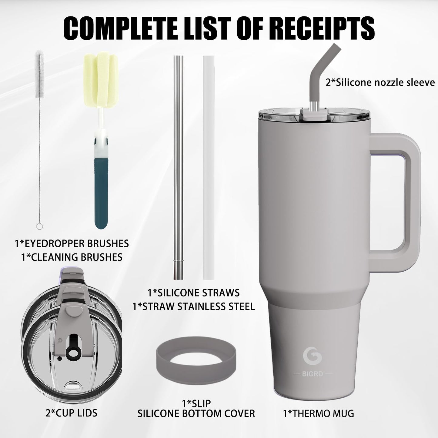 BIGRD 1.13 liter coffee mug to go, thermal mug, vacuum insulated double-walled leak-proof drinking bottle with straws & handle, BPA-free, travel mug for cold and hot (Ash)