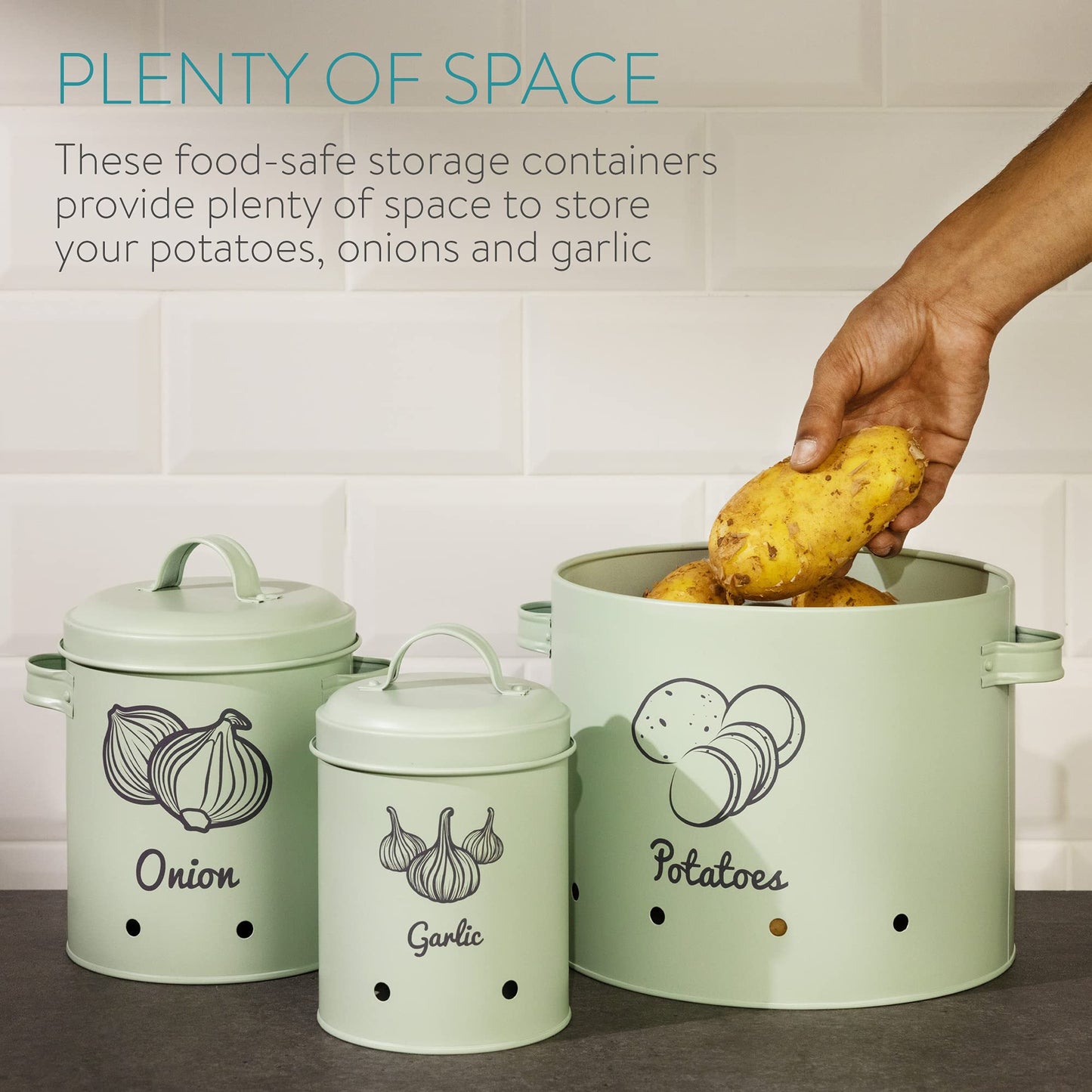 Navaris food storage containers set made of iron for potatoes, onions, garlic - dishwasher safe.