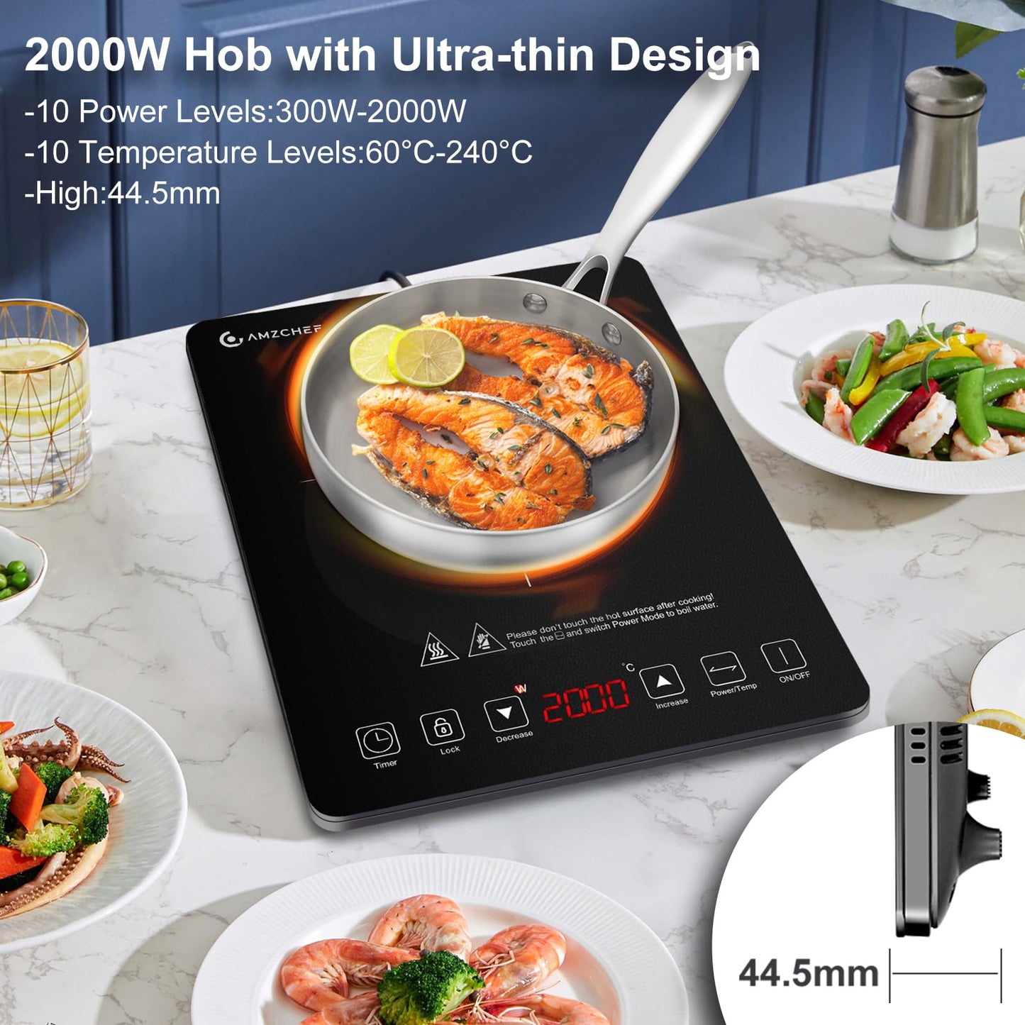AMZCHEF Induction Cooktop, 2000W Single Induction Hob with slim design, 20 power levels, 20 temperature settings, safety lock, 3-hour timer, black