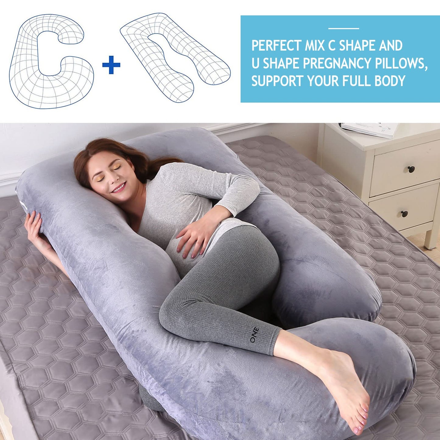 ShowyLive Pregnancy Pillow Nursing Pillow XXL Side Sleeper Pillow with Washable Cover for Pregnant Women and Anyone with Hip or Back Pain (145x70cm, Gray)