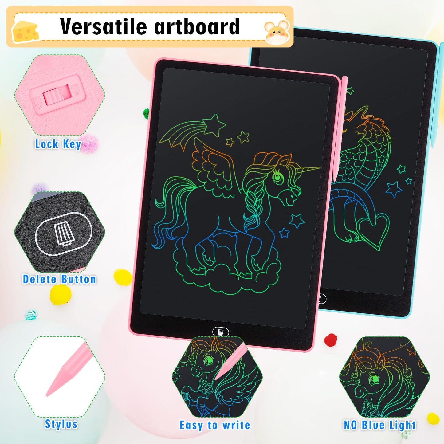 Damcyer 16 Inch LCD Writing Tablet for Kids 2 Pack, LCD Magic Drawing Board with Animal Stickers, Reusable Drawing Tablet for Kids and Adults Birthday Gifts Toy, Blue + Pink