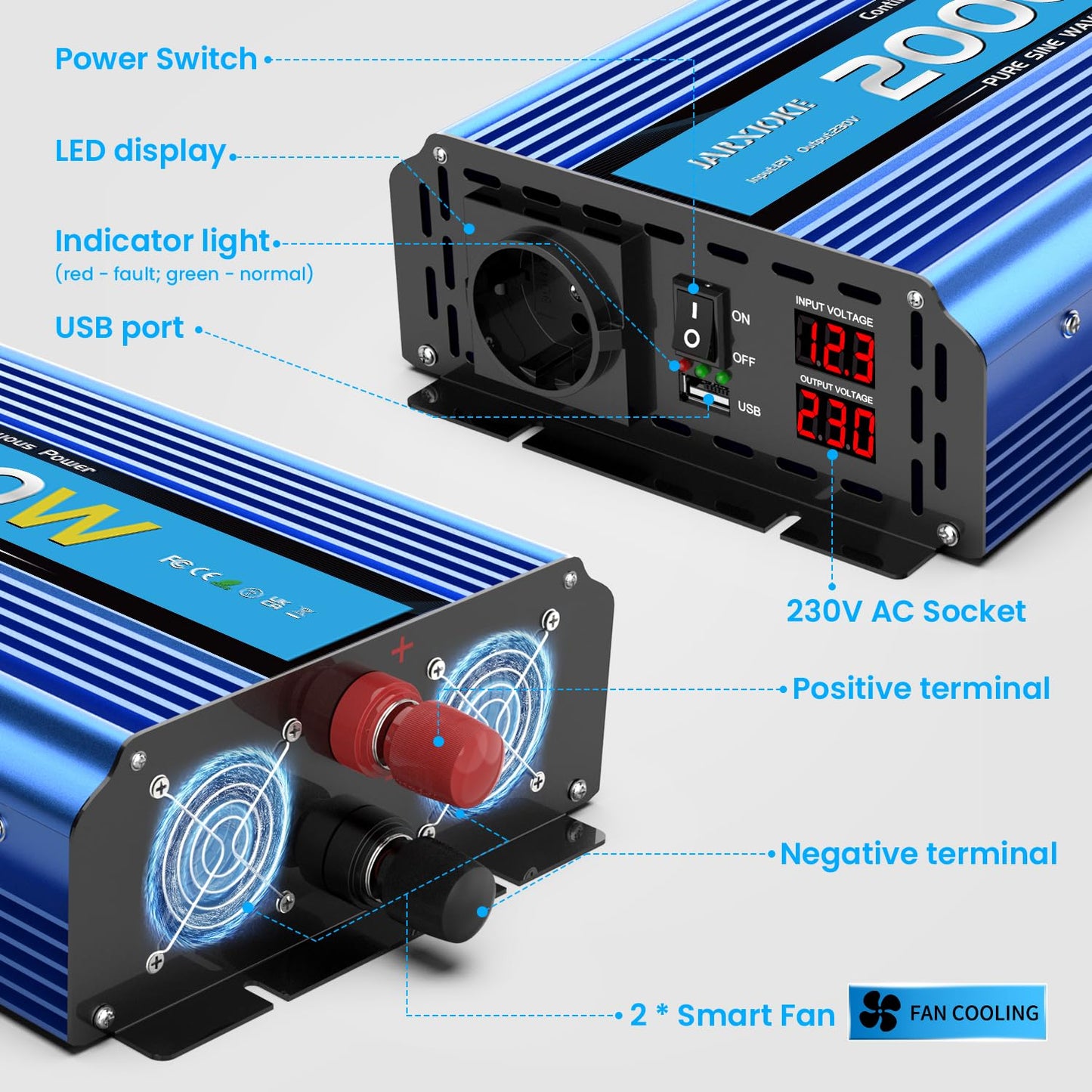 2000W Pure Sine Wave Inverter 12V to 230V Power Inverter DC Converter with AC Outlets USB Ports and LED Display for RV Car (Peak Power 4000 Watt)