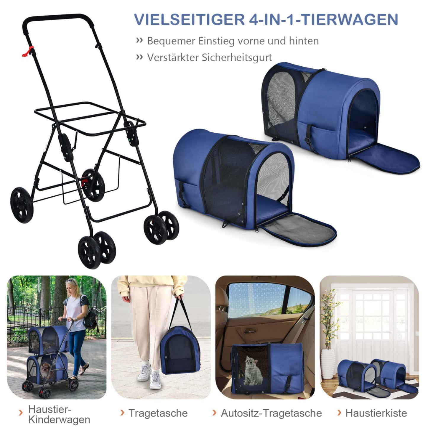 COSTWAY 2-Tier Dog Stroller Pets Stroller up to 16kg, Dog Stroller with Mesh Windows & Cup Holder & Trailer, Cat Stroller for 2 Small Dogs Cats (Blue)