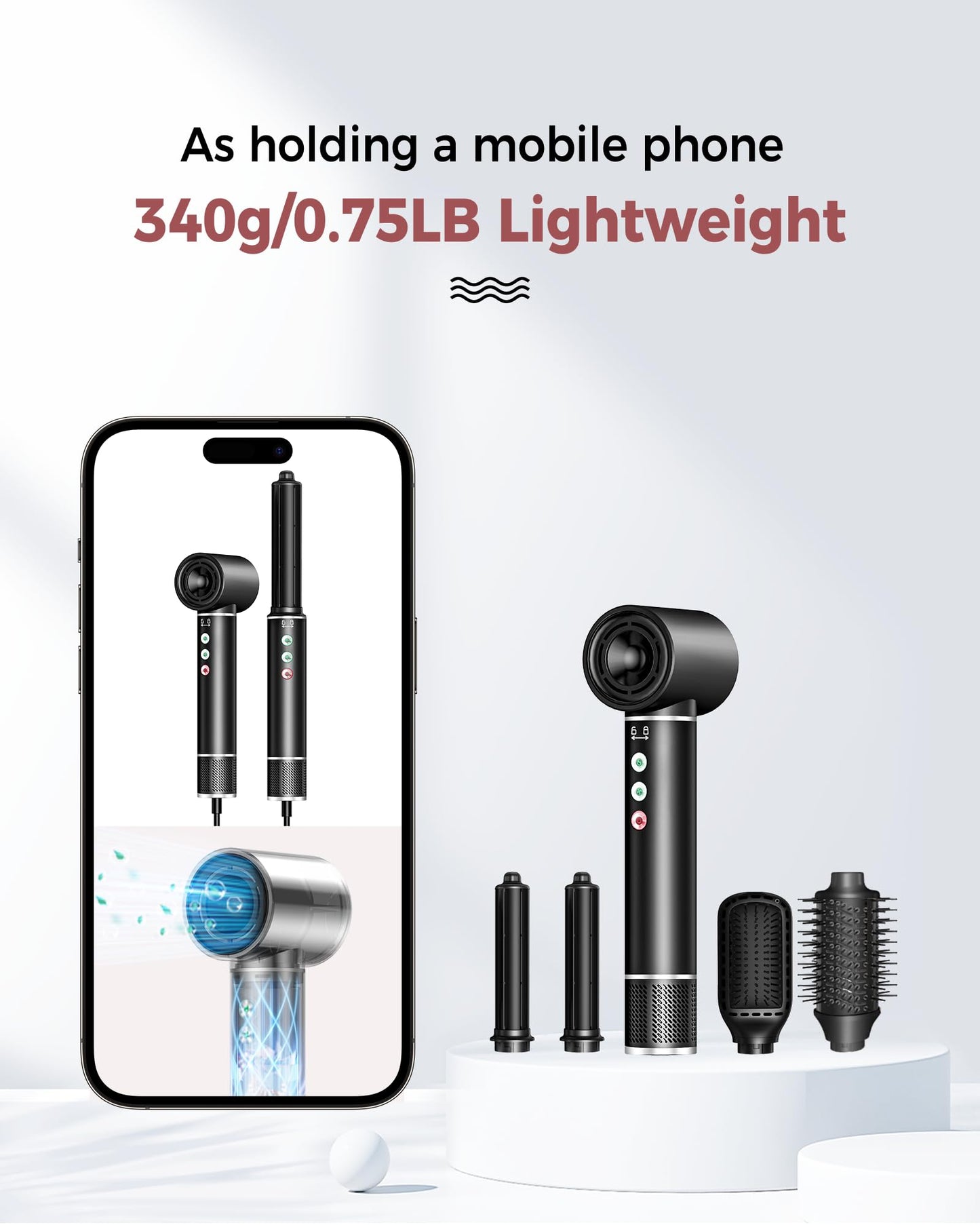 Air Styler 5 in 1, hair styler with 110,000 RPM hair dryer, 20m/s airflow, blow-dry brush, 320 million Ionic Hair Styler Set, auto curling iron, straightening brush, 340g lightweight, quiet, fast-drying.