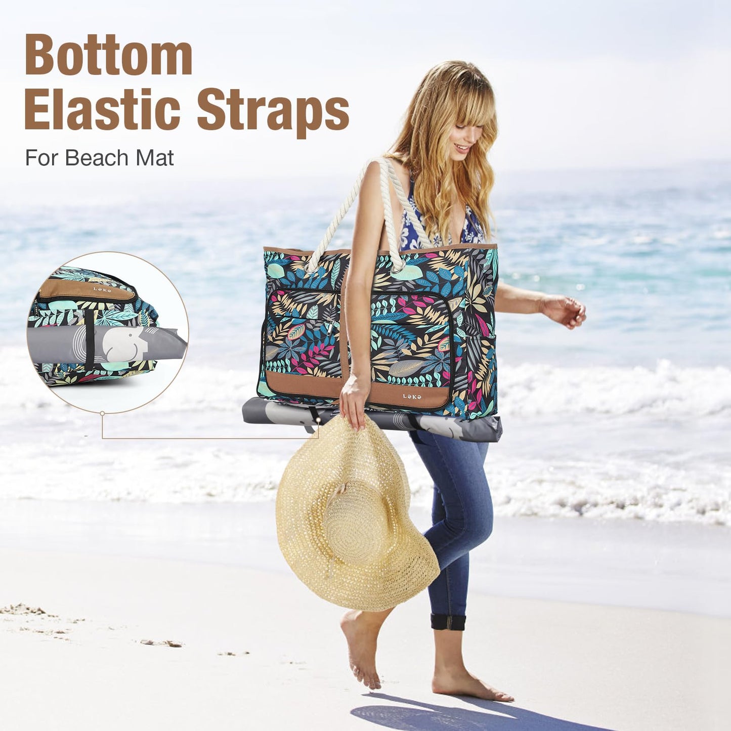 Lekespring beach bag for women with zipper, versatile shopper bag for beach, travel, shopping, sports, and work (Blue Jungle)