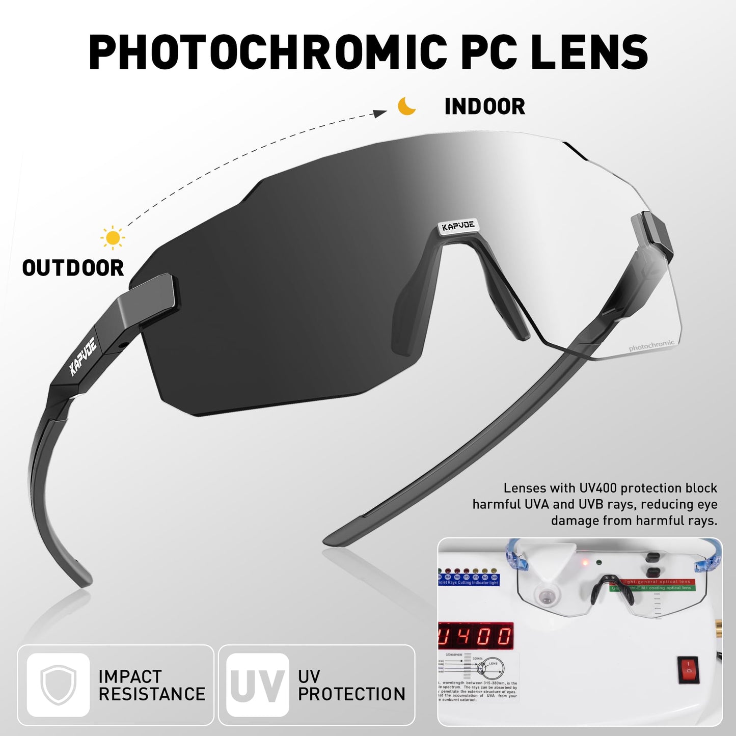 KAPVOE photochromatic self-tinting cycling glasses for men and women. Clear road bike glasses, MTB sports glasses. UV400 protection, frameless transparent lenses for outdoor sports. K341.