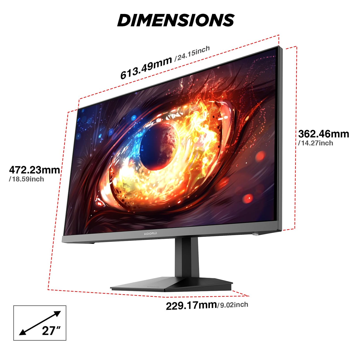 KOORUI G2711P 27-inch gaming monitor, 1ms 200Hz FHD Fast IPS HDR400 screen, 100% sRGB Adaptive Sync VESA 75x75mm.
