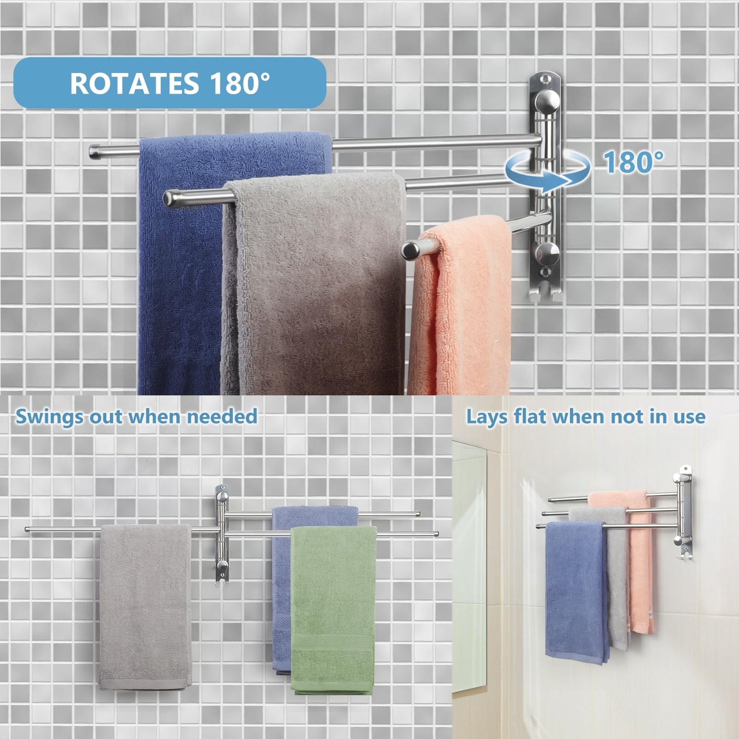 JSVER Stainless Steel Towel Rack 40CM, Towel Holder 180° Rotation with 3-Arm Swivel Arm Towel Bar with Hooks Space-saving for Bathroom, Kitchen, and Wardrobe - Silver.