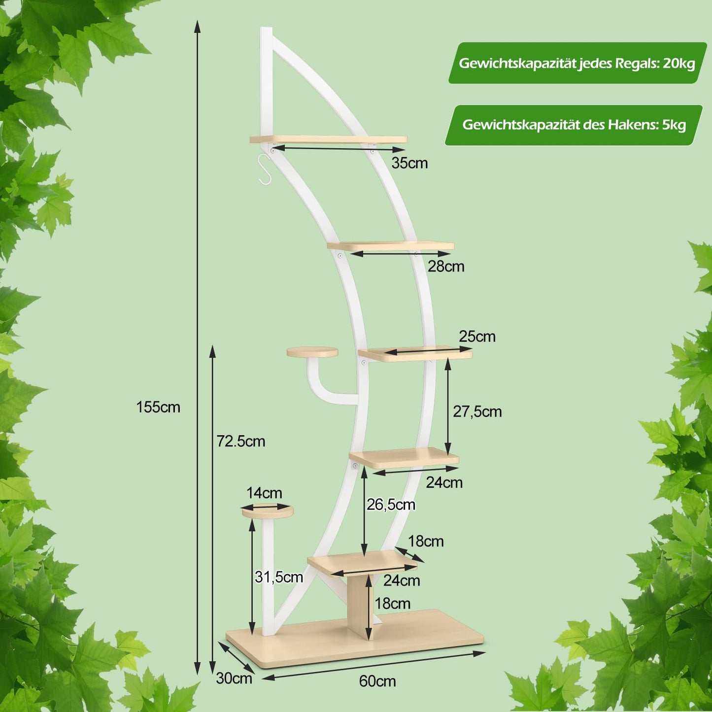 COSTWAY 6-tier Metal Plant Stand in half-moon shape, flower rack with 2 small shelves & top hook, ladder plant stand with anti-tip device, flower pot stand for garden balcony living room (White)