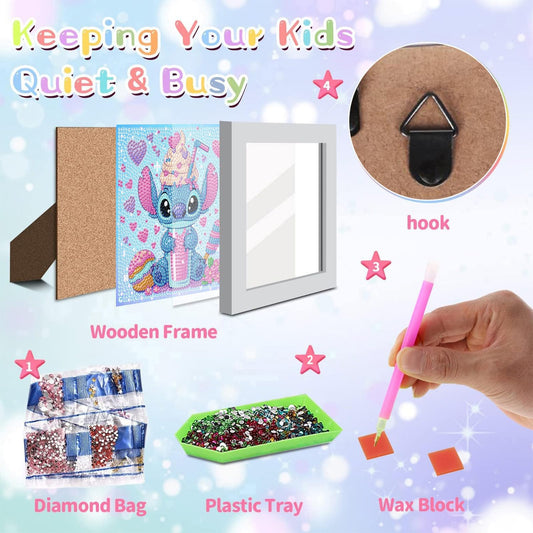 ZephyrHome 5D Diamond Painting Kit for Kids with frame, DIY Stitch Diamond Painting Set, Paint By Numbers Diamond Painting for Adults, Arts and Crafts Pictures for Home Wall Decor Cartoon Mosaic Making