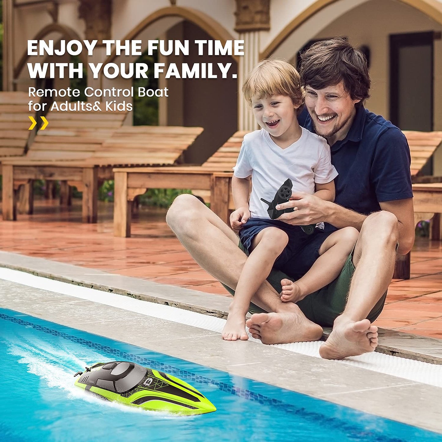 DEERC RC boat with LED light, remote controlled, for pools and lakes, 20+ km/h, 2.4GHz racing boats with 2 batteries, pool toy for kids, remote controlled watercraft (Green)