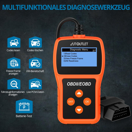 AUTOUTLET OBD2 diagnostic tool, car OBD2 scanner code reader with DTC definition, 10 languages, voltage detection and monitoring, automotive fault code reader.