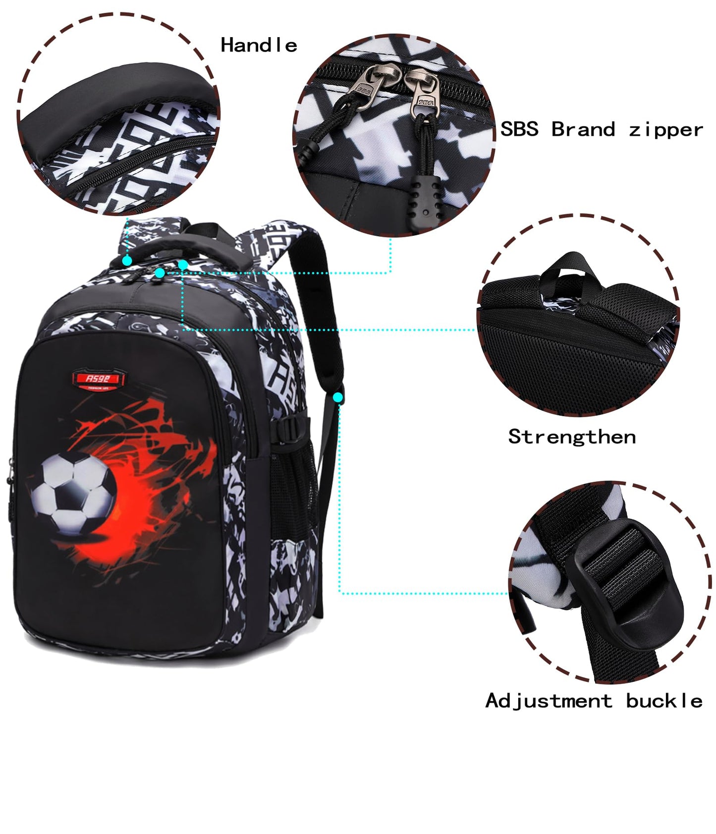 Asge School Backpack for Boys Teenager School Bag for Girls 3-5 Grade Ergonomic Kids Football Print Backpacks for 8-10-15 Year Olds School Bags for Boys Waterproof for School Bags School