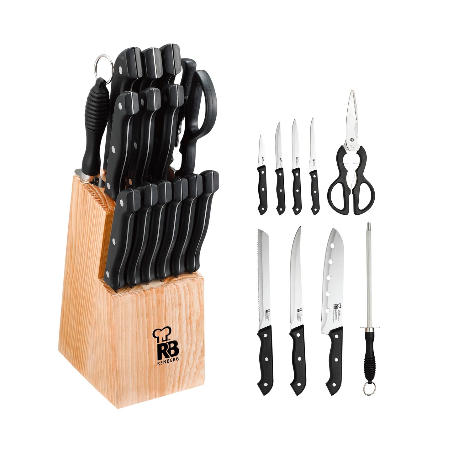 RENBERG Tenessy | Kitchen knife | 15-piece complete set with wooden handle | Perfect for cutting all types of ingredients | Professional kitchen | Made of stainless steel