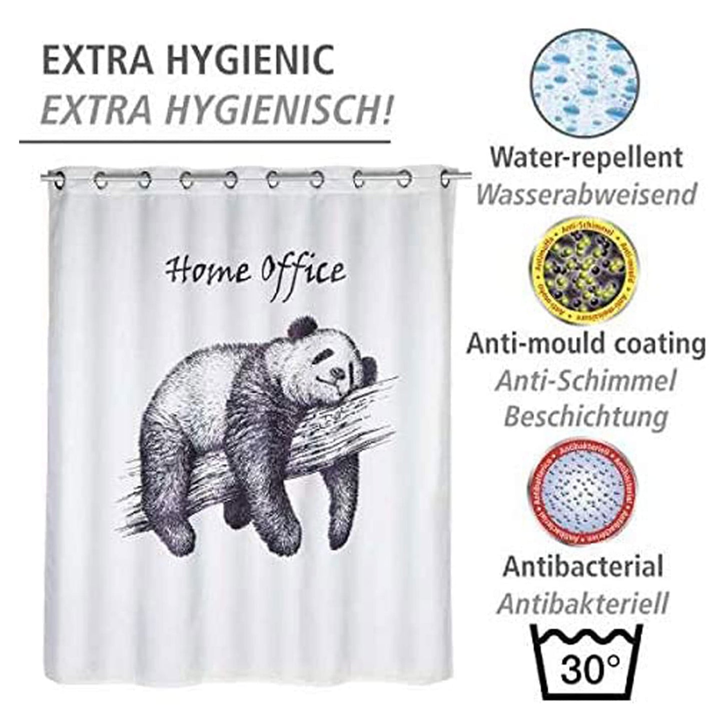 WENKO Anti-Mold Shower Curtain Home Office Flex, antibacterial textile curtain with anti-mold effect, washable, water-repellent, with integrated hanging system, 180 x 200 cm, Black/White