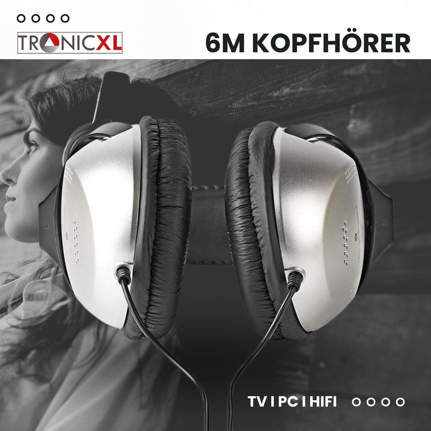TronicXL TV headphones headband headphones with 6m long cable. Stereo TV headphones for TV, PC, HiFi with 3.5mm jack and 6.35mm plug. Wired, long cable.