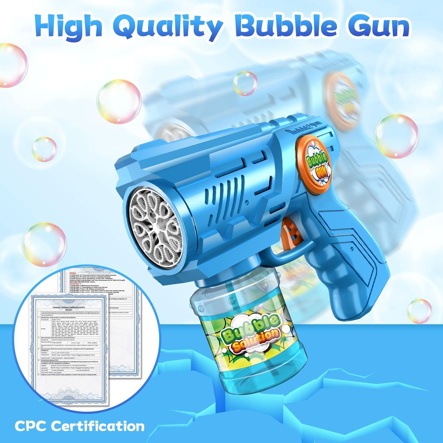 ROMINVIC Bubble Machine, Kids Bubble Gun Machine: LED Electric Bubble Blower With 100 ML Tank Blue Automatic Bubble Maker For Kids Shooter Party Toy