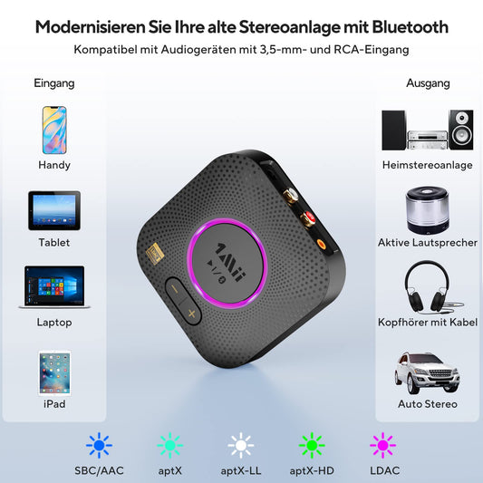 1Mii B06S+ Bluetooth 5.2 receiver, HiFi audio adapter with LDAC, volume control, aptX HD & Low Latency wireless receiver for stereo system speakers, with 3.5mm/RCA outputs