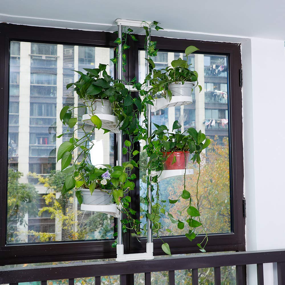 BAOYOUNI Telescopic Flower Stand Plant Stand Indoor Plant Stand Window Sill Metal Telescopic Shelf Window Shelf for Plants Flowers Adjustable Height 92 to 160 cm, Ivory