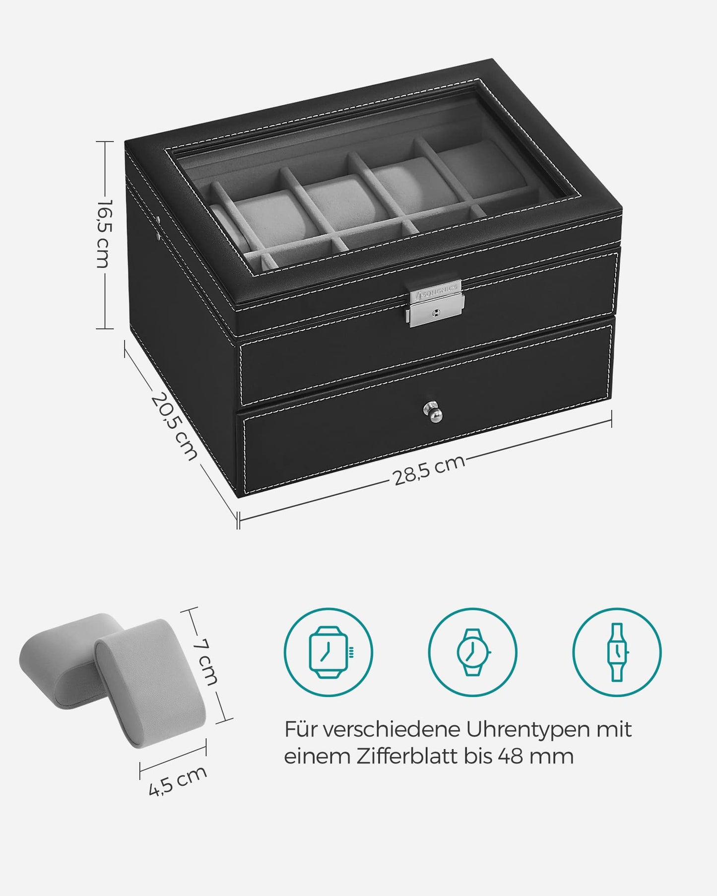 SONGMICS Watch Box, Watch Case with Glass Lid, 2 Levels, Watch Holder with Removable Watch Pillows, Watch Organizer, Gift Idea, PU Cover in Black, Velvet Lining in Grey JWB020