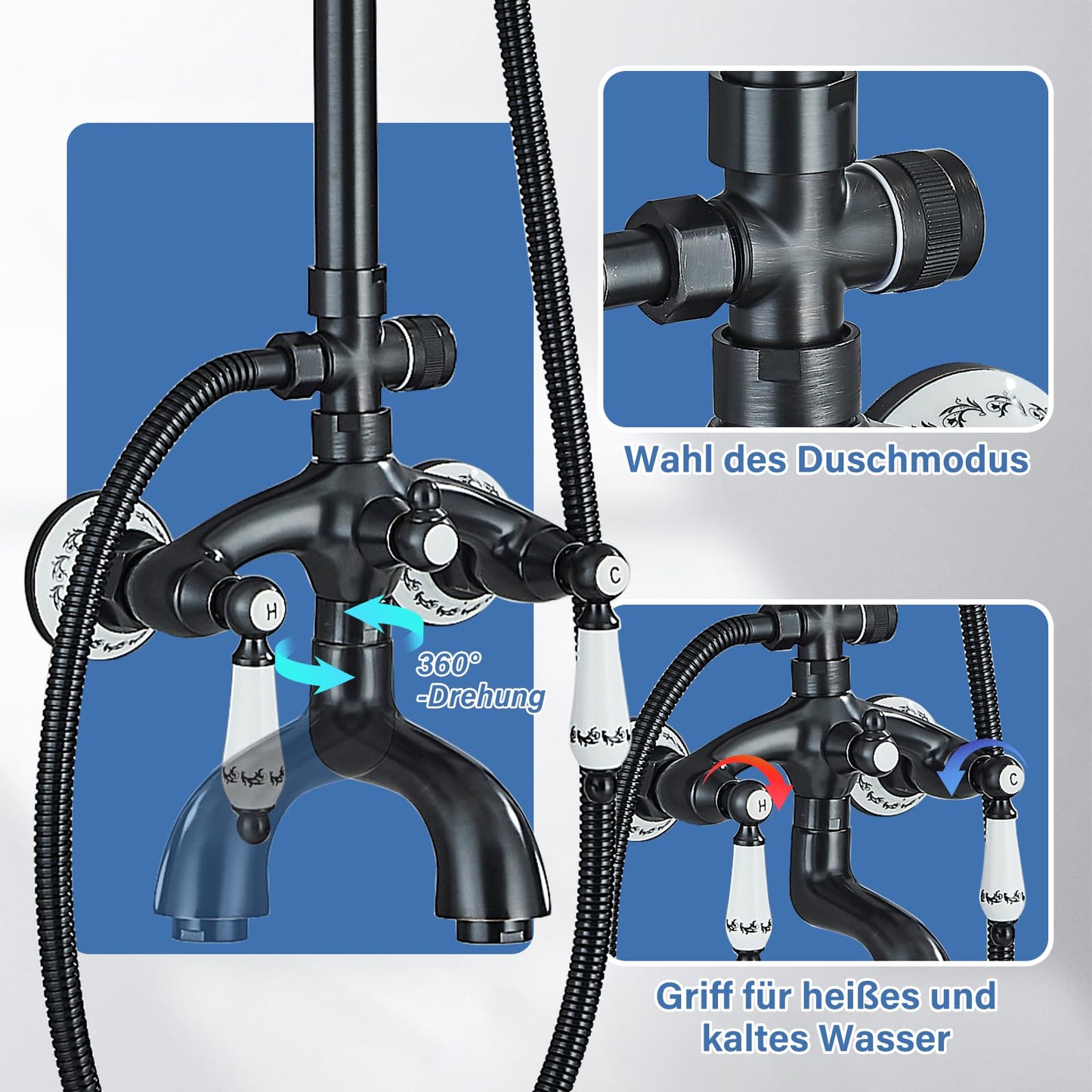 Suguword Black Shower Faucet Set Shower System Rain Shower Set with Shower Head Shower Column Rainfall Hand Shower Bar Blue and White Porcelain Complete Set Shower Faucet Anti-Liming