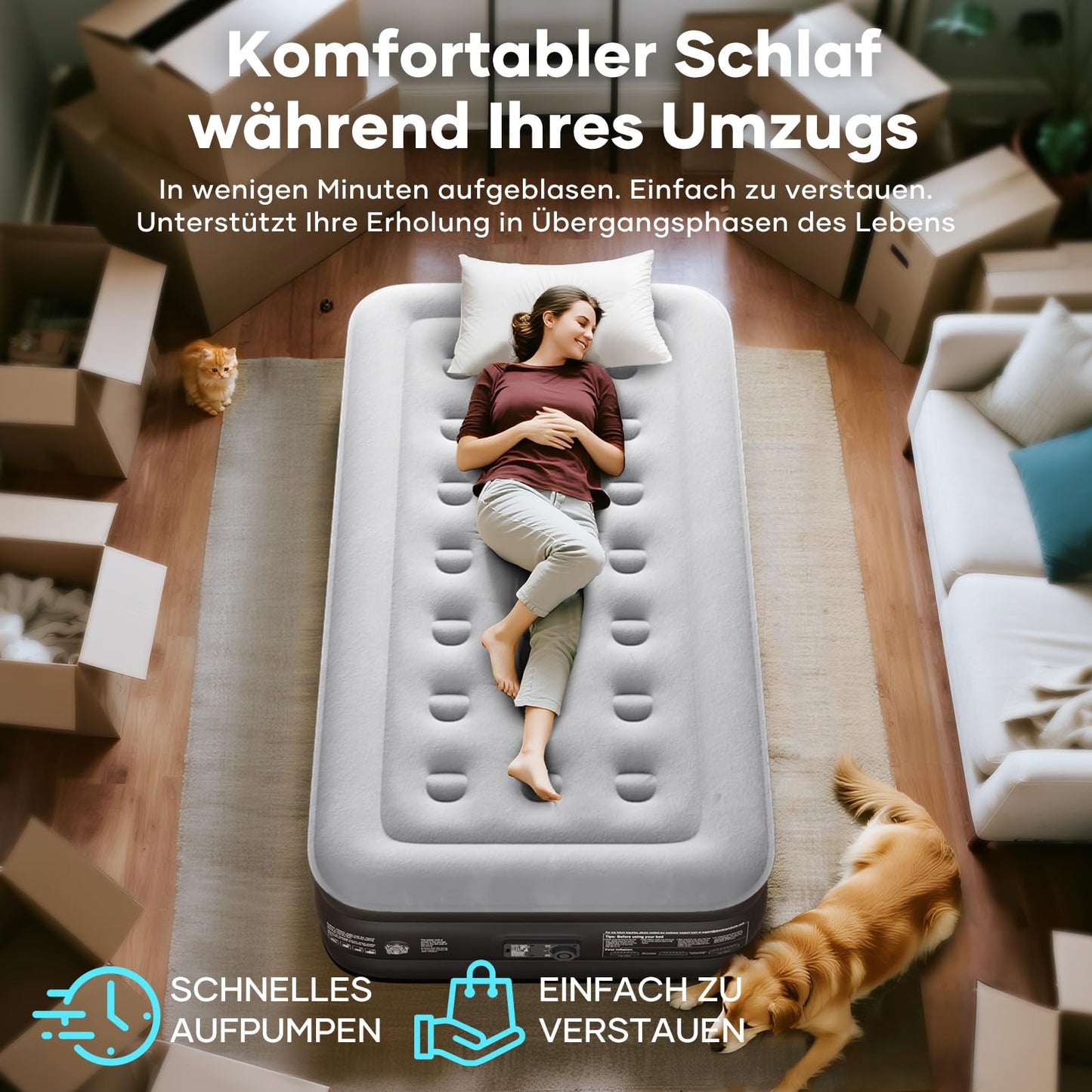 OlarHike air bed for 1 person, self-inflating air mattress with integrated pump, self-inflatable guest bed, guest mattress, inflatable mattress for camping or home use - 198 x 102 x 46 cm