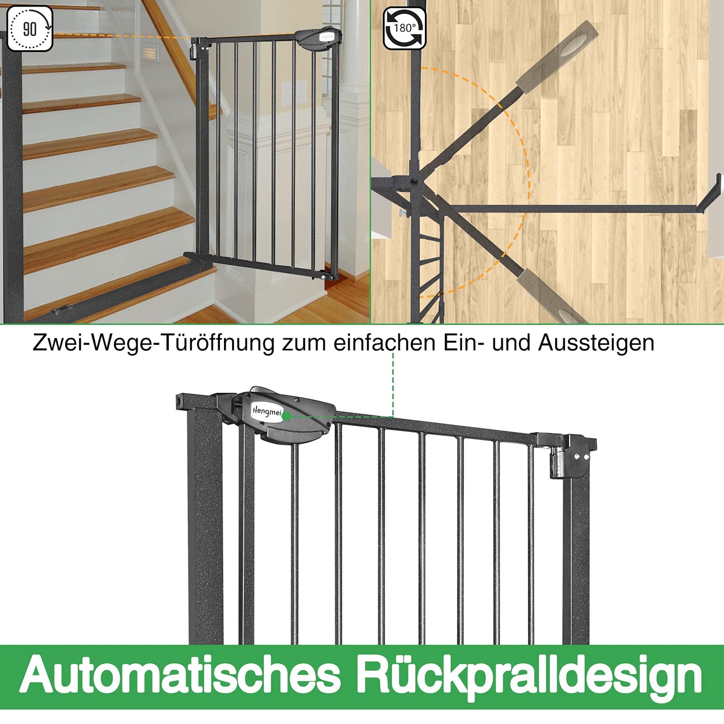 On door safety gate stair gate for children auto-close baby stair gate door gate, without drilling, 180° two-way opening (85-95 cm, Black)