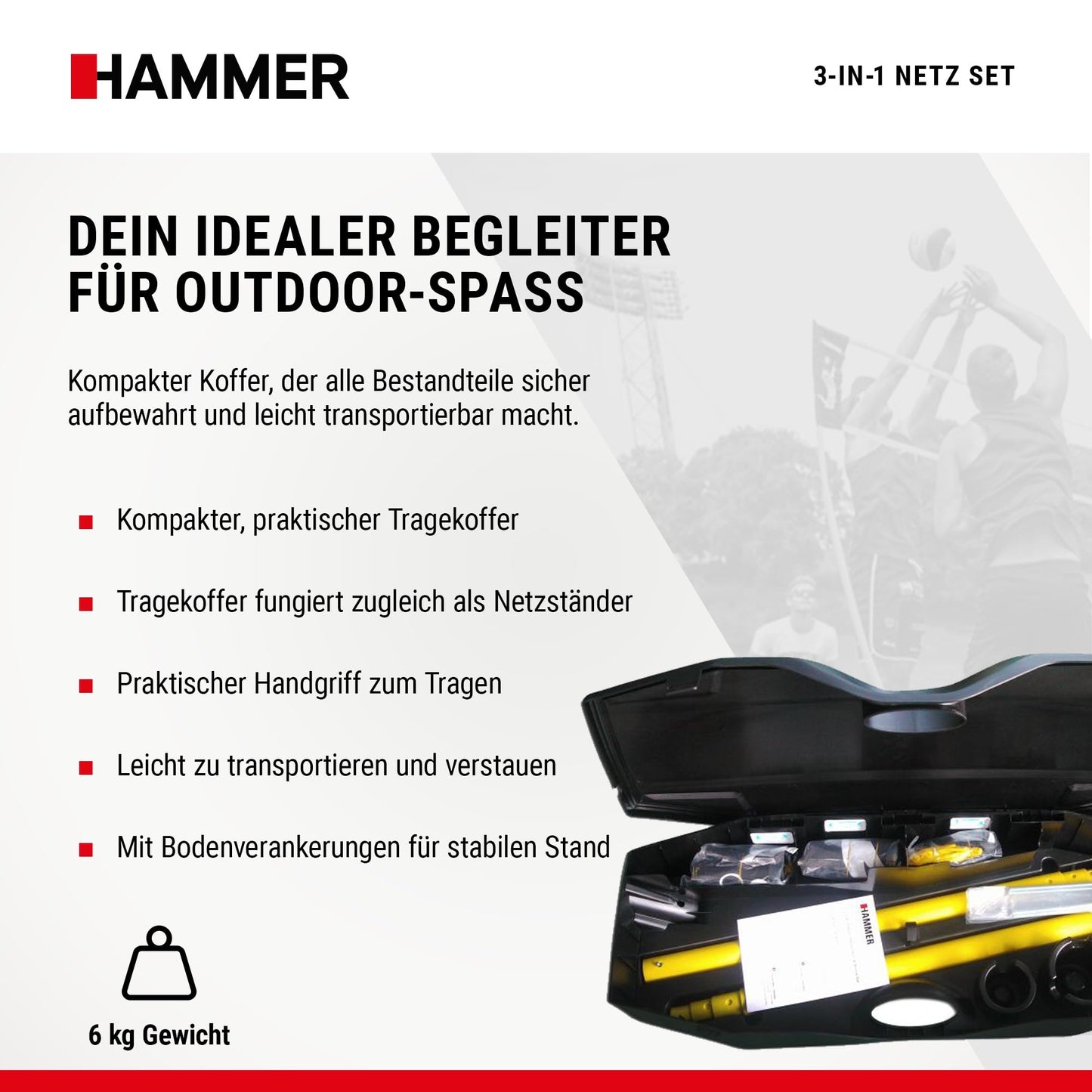 HAMMER 3 in 1 Net Set for Volleyball, Badminton & Tennis, fun for all ages, with carrying case/post stand, easy setup, quick to store and easy to transport.
