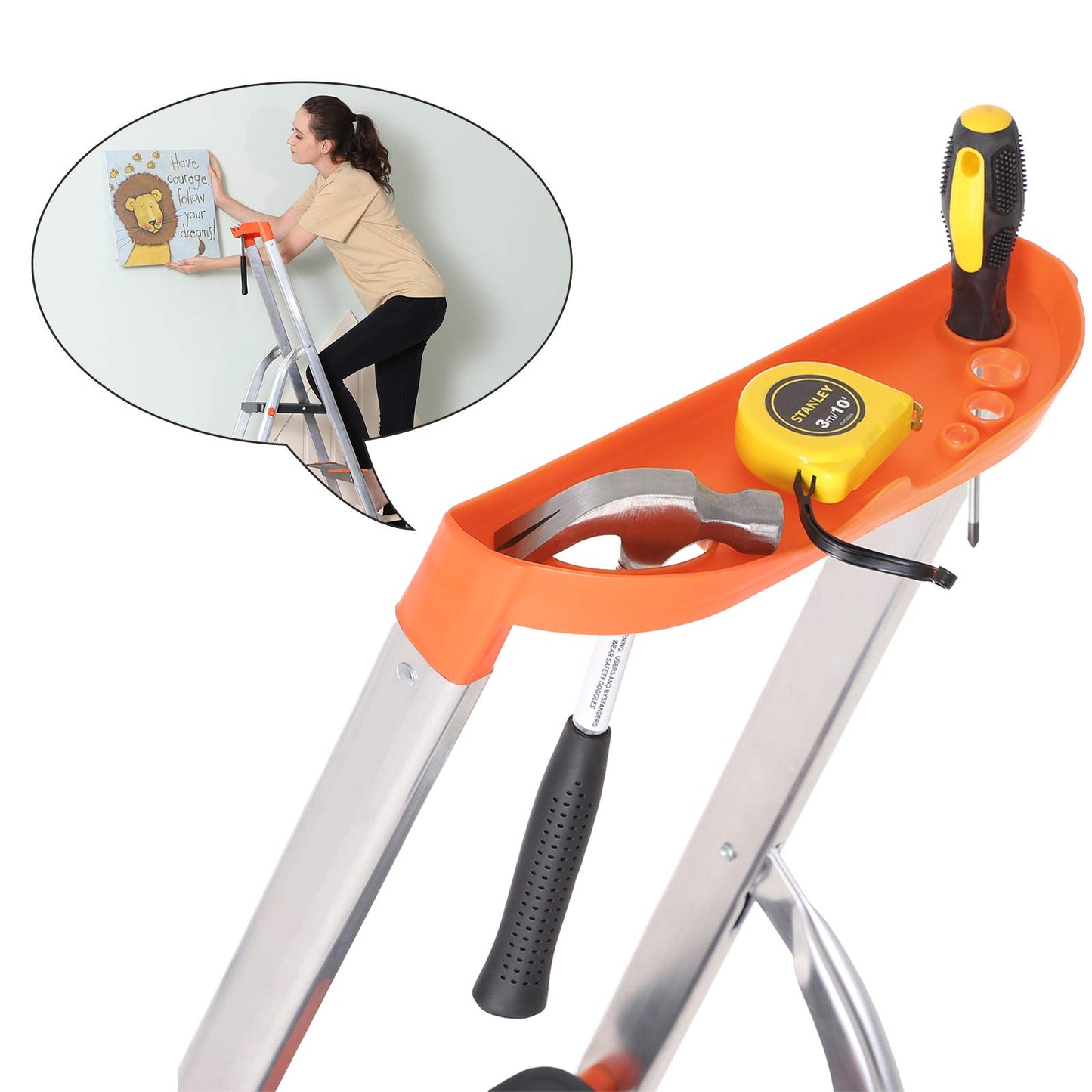 SONGMICS 4-step ladder, aluminum ladder, 12 cm wide steps with ridges, anti-slip feet, with handrail, tool tray, supports up to 150 kg, black-orange GLT04BK
