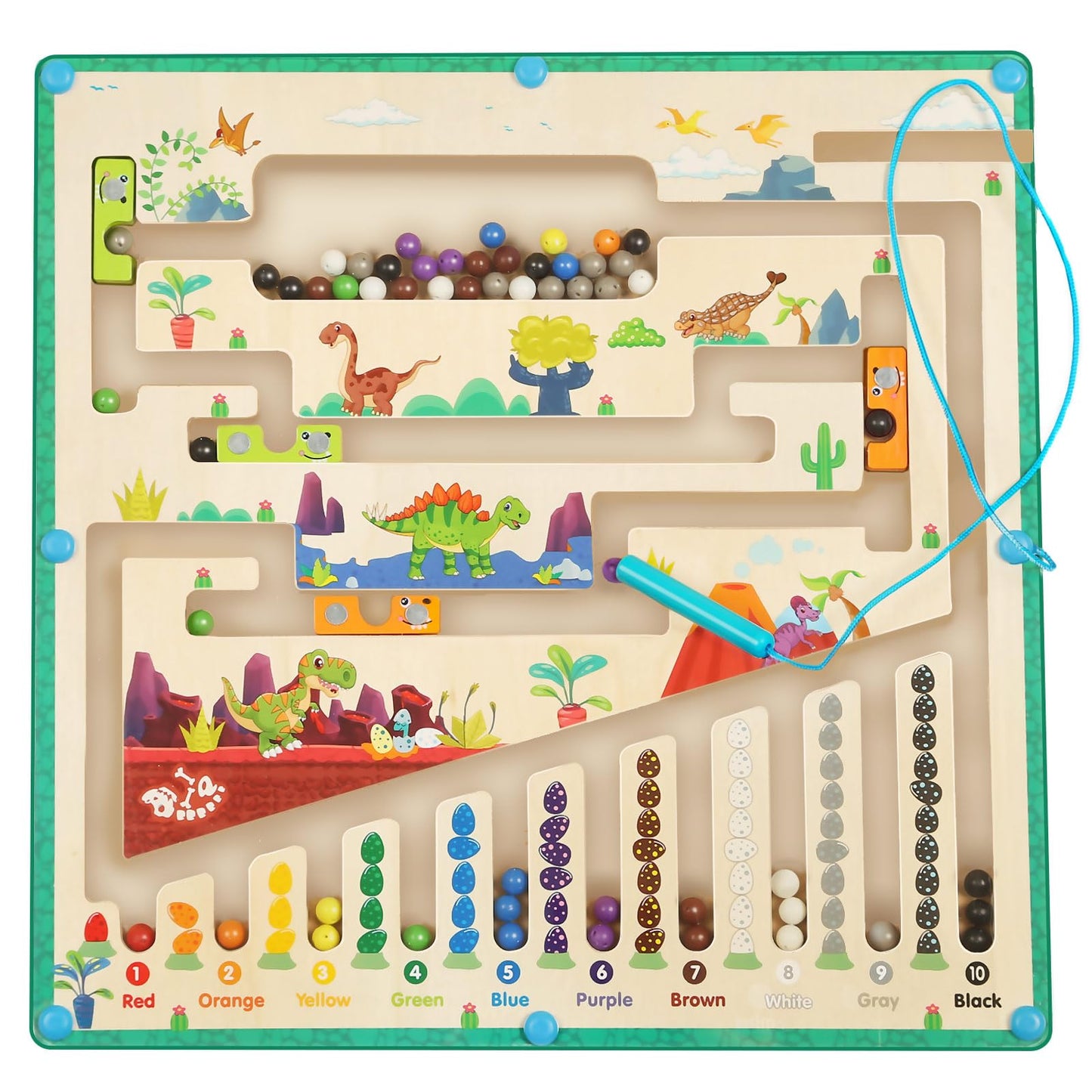 Smartwo Montessori toy Magnetic Labyrinth game for 3, 4, 5 year olds. Magnetic children's toy for 3 year old boys. Colors & numbers learning toy, wooden toy with dinosaur theme. Birthday gift.