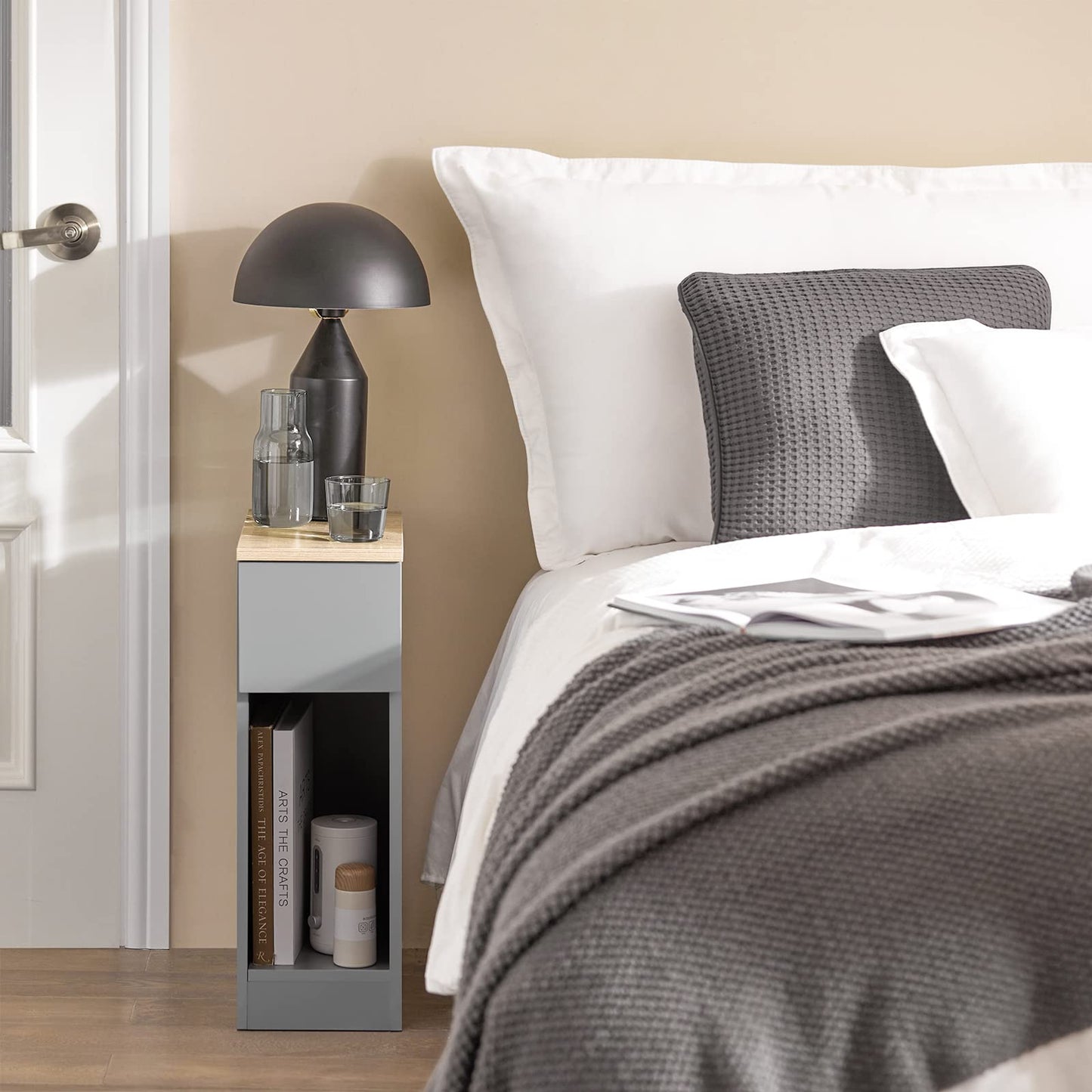 SoBuy slim bedside table with drawer and shelf nightstand for bedroom living room light grey B20 x D35 x H60 cm FBT111-HG