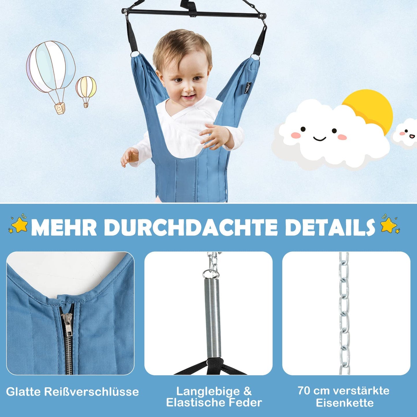COSTWAY Baby Door Jumper, Adjustable Length, Door Swing, Door Frame Jumper with Door Clamp, for Infants 6-12 Months (Blue)