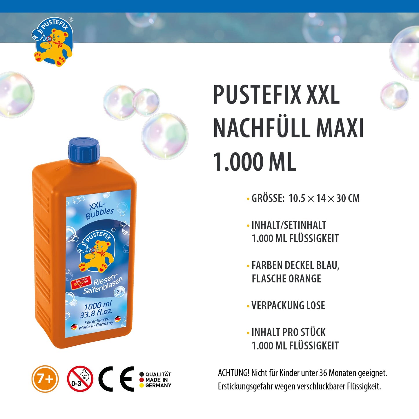 PUSTEFIX XXL-Bubbles + refill bottle Maxi 1 liter I Bubble solution and accessories I Colorful bubbles Made in Germany I For weddings, children's birthdays, civil ceremonies, bachelor parties I Giant bubbles