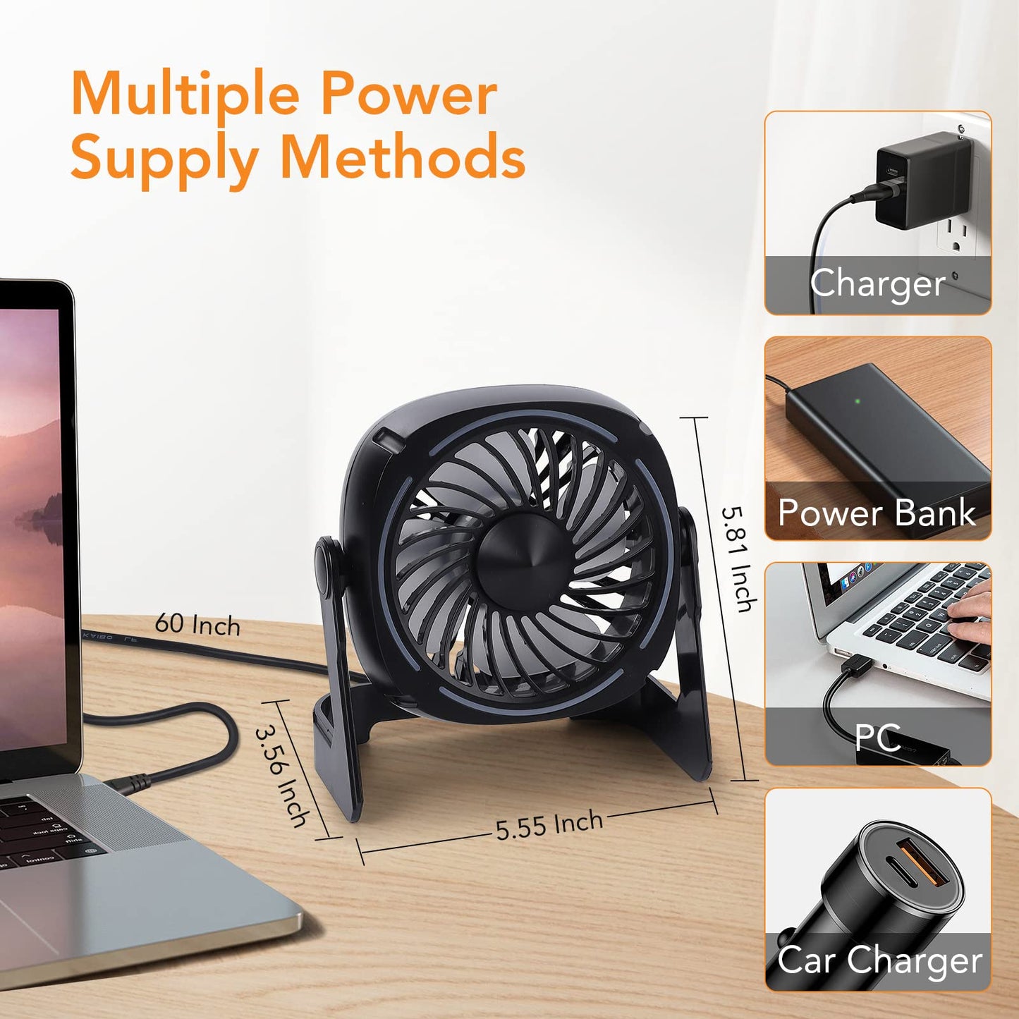 Litake USB Desk Fan RGB, Small Φ15cm Quiet Mini USB Fan with 8 light modes & 3 speeds 360° rotation 152cm cable Portable Desk Fan for rooms offices car travel