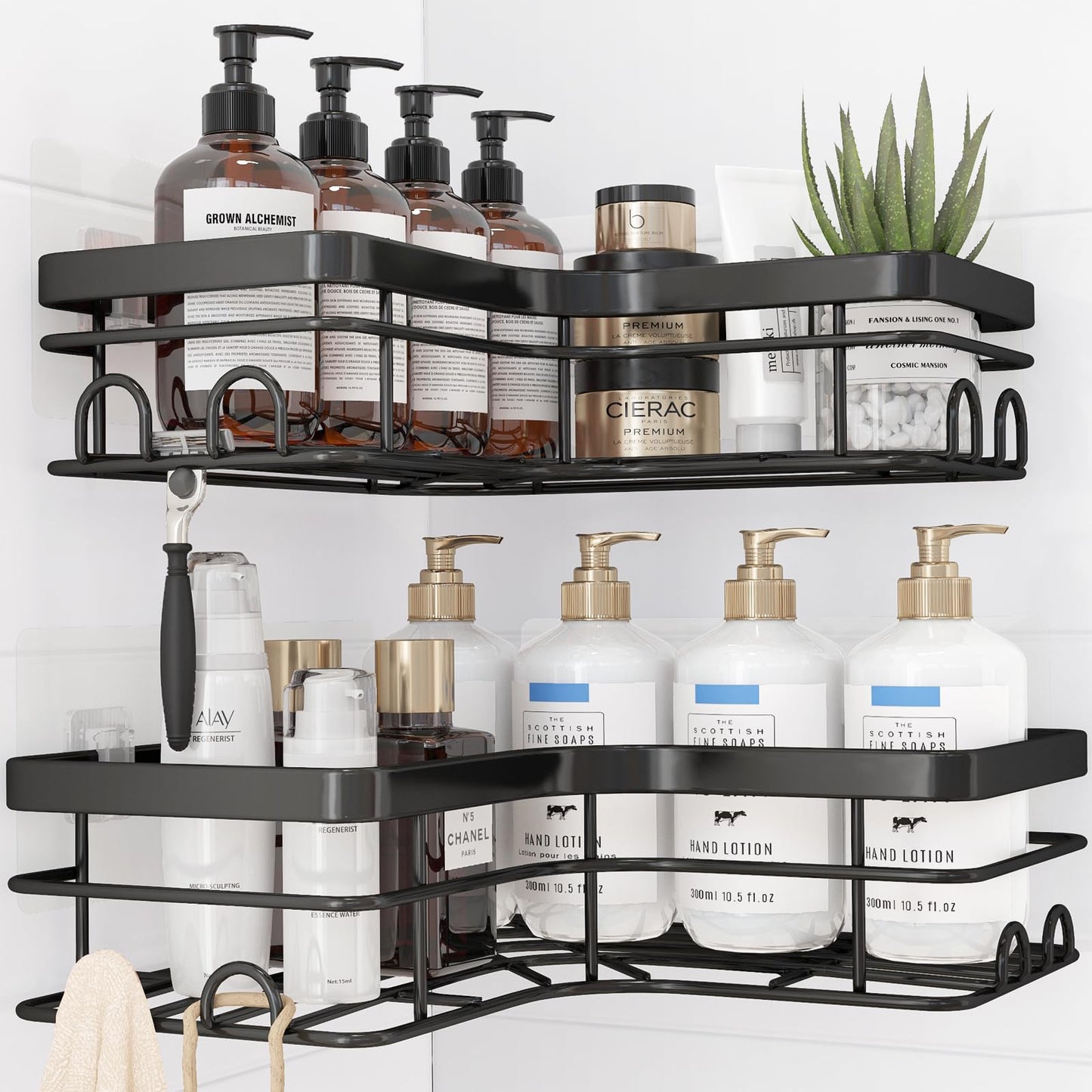 Kitsure shower caddy without drilling - 2 pieces stainless steel shower gel holder with 4 hooks, soap dish, and razor holder, durable corner shower shelf, X-Large.