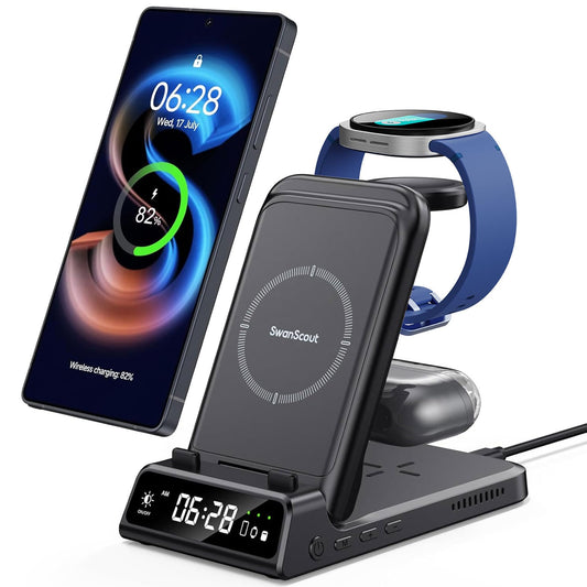 Inductive charging station for Samsung S25/Watch 8/8 Classic, SwanScout 703S, 3 in 1 Wireless Charger for Samsung S25 Ultra/S25+/S24/Fold 7, charger for Galaxy Watch Ultra 2025/7/6/5 & Buds (No Adapter)