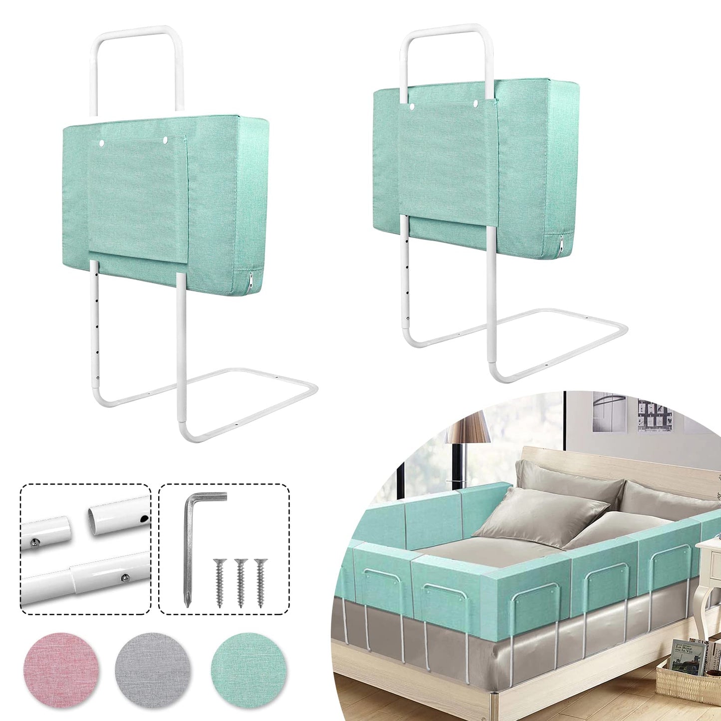 2X bed rail bed guardrail for children 50cm 5-hole height adjustable - bed safety guard children, children's bed rail for family bed and children's bed (100cm, Green Lake)