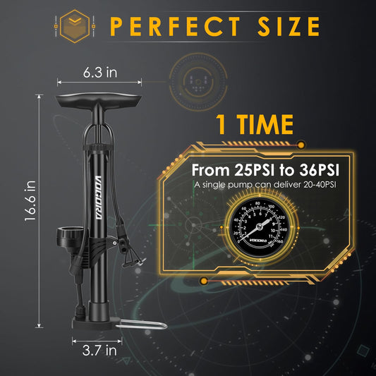 VOGORA bicycle pump for all valves, bike pump French valves with 160 PSI gauge, bike accessories pump air floor pump for ball