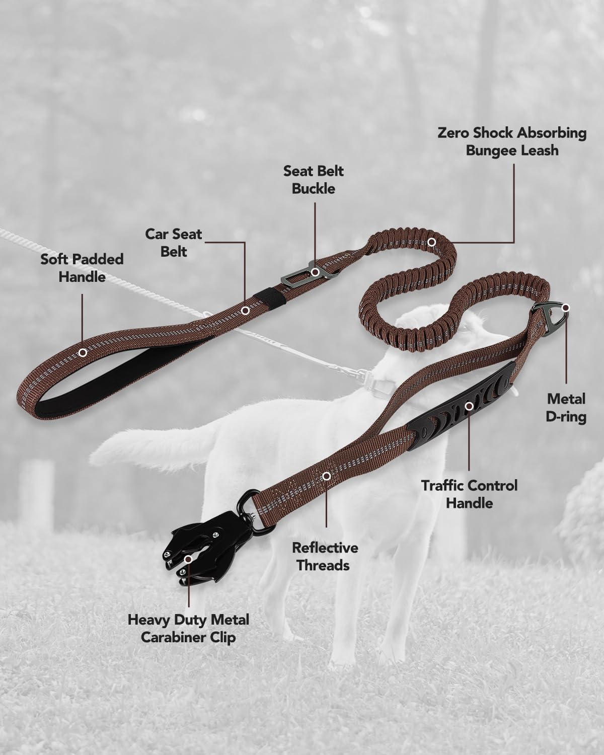 Joytale Tactical Dog Leash, 1.2m-1.8m Bungee Dog Leash Reflective with 2 Padded Handles, Car Safety Belt, No-Pull Dog Leash for Medium, Large, X-Large Dogs, Brown