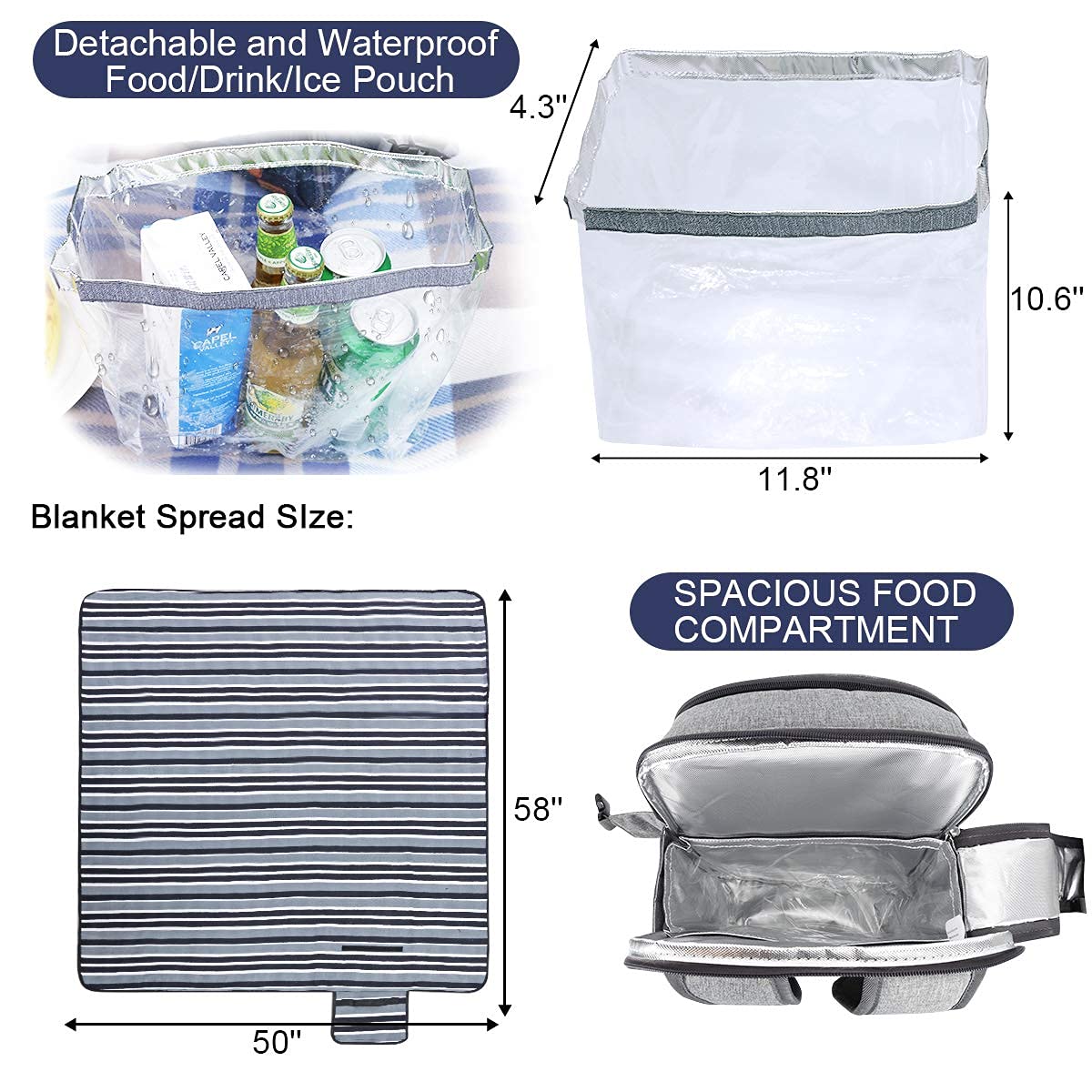 Sunflora Picnic Backpack Set for 4 with Insulated Cooling and Blanket, Picnic Basket for 4 People for Camping Outdoor (Gray)