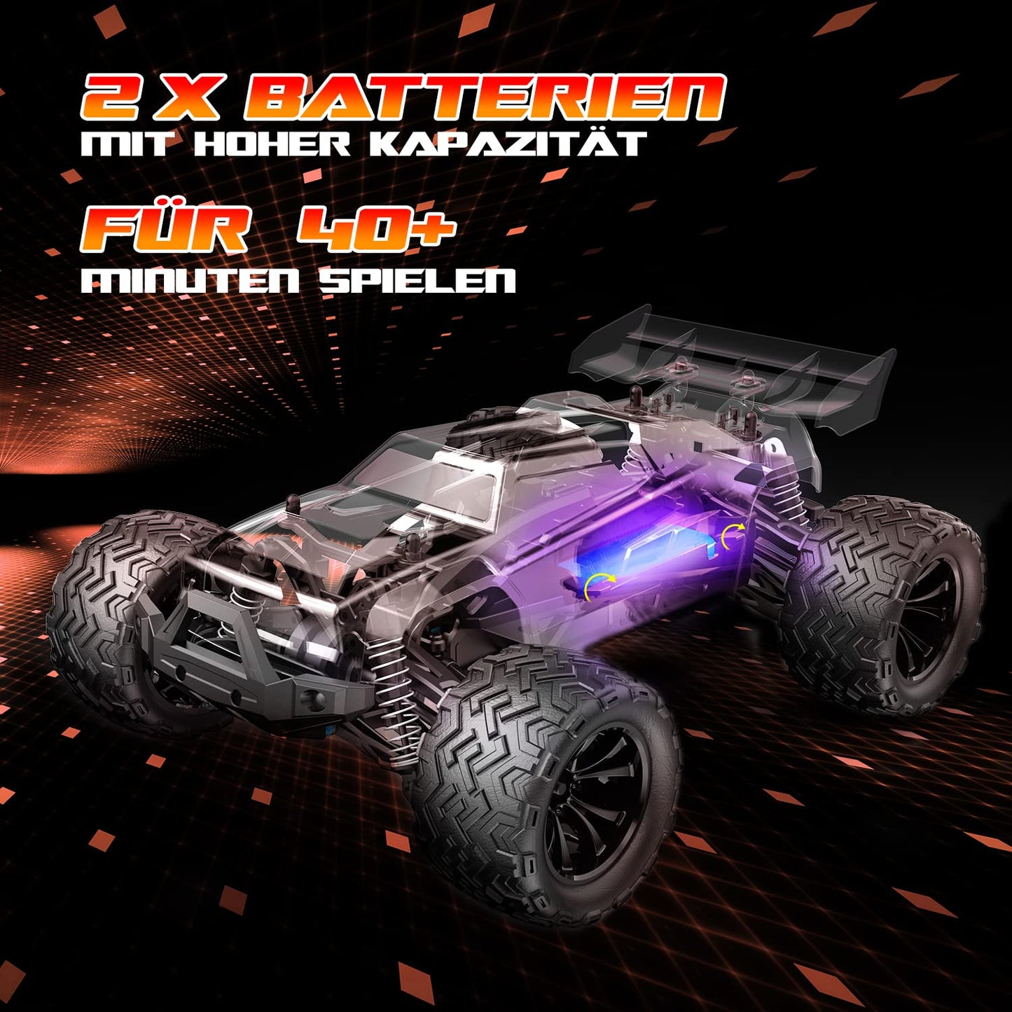 DEERC 1:14 Scale Remote Control Car, 4WD RC Car 40km/h with LED lights, 2 batteries for 40 minutes of runtime, 2.4GHz remote control racing toy for adults and kids (9000E).