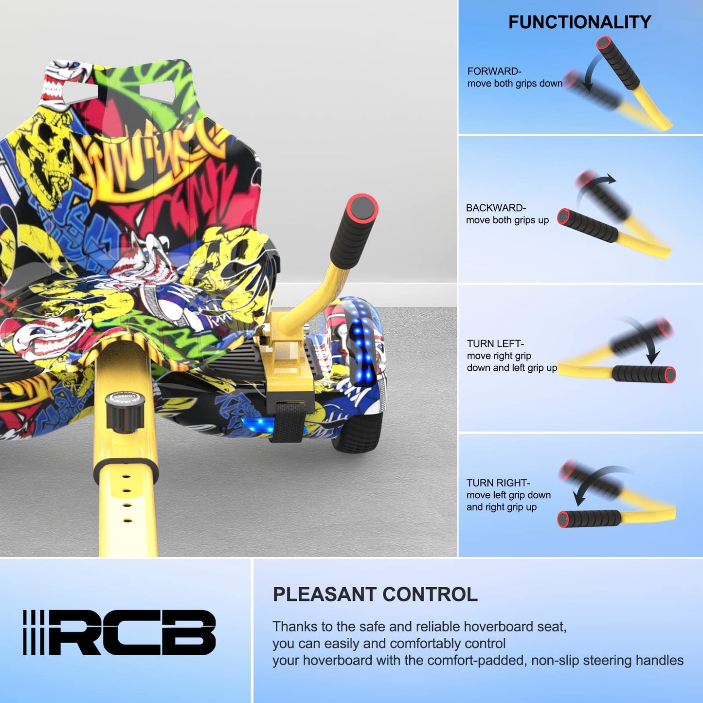 RCB Hoverboard Seat, Go-Kart accessory, with seat suitable for all 6.5"-10" Two Rounds Self Balancing Scooter, Hoverkart for adults and children.